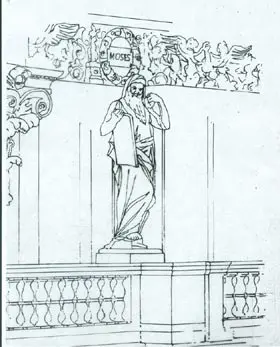 A drawing of a statue on the side of a building.