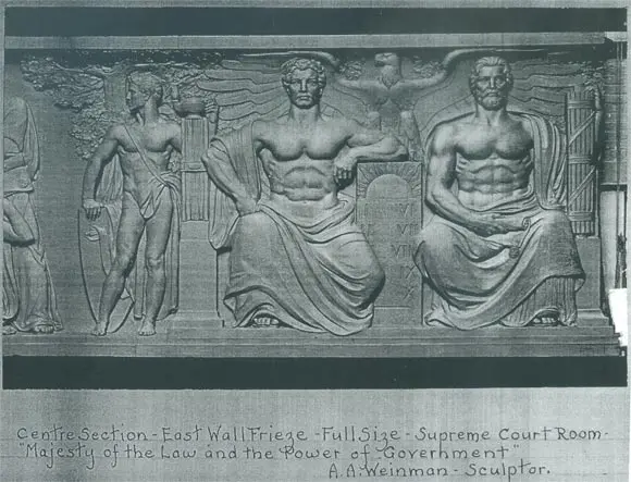 A bas relief of three men in the middle of a court room.
