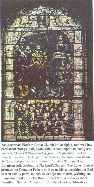 A stained glass window with many people in it